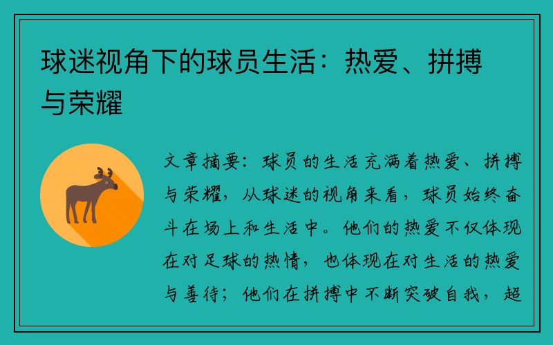 球迷视角下的球员生活：热爱、拼搏与荣耀