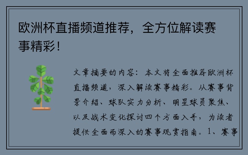 欧洲杯直播频道推荐，全方位解读赛事精彩！